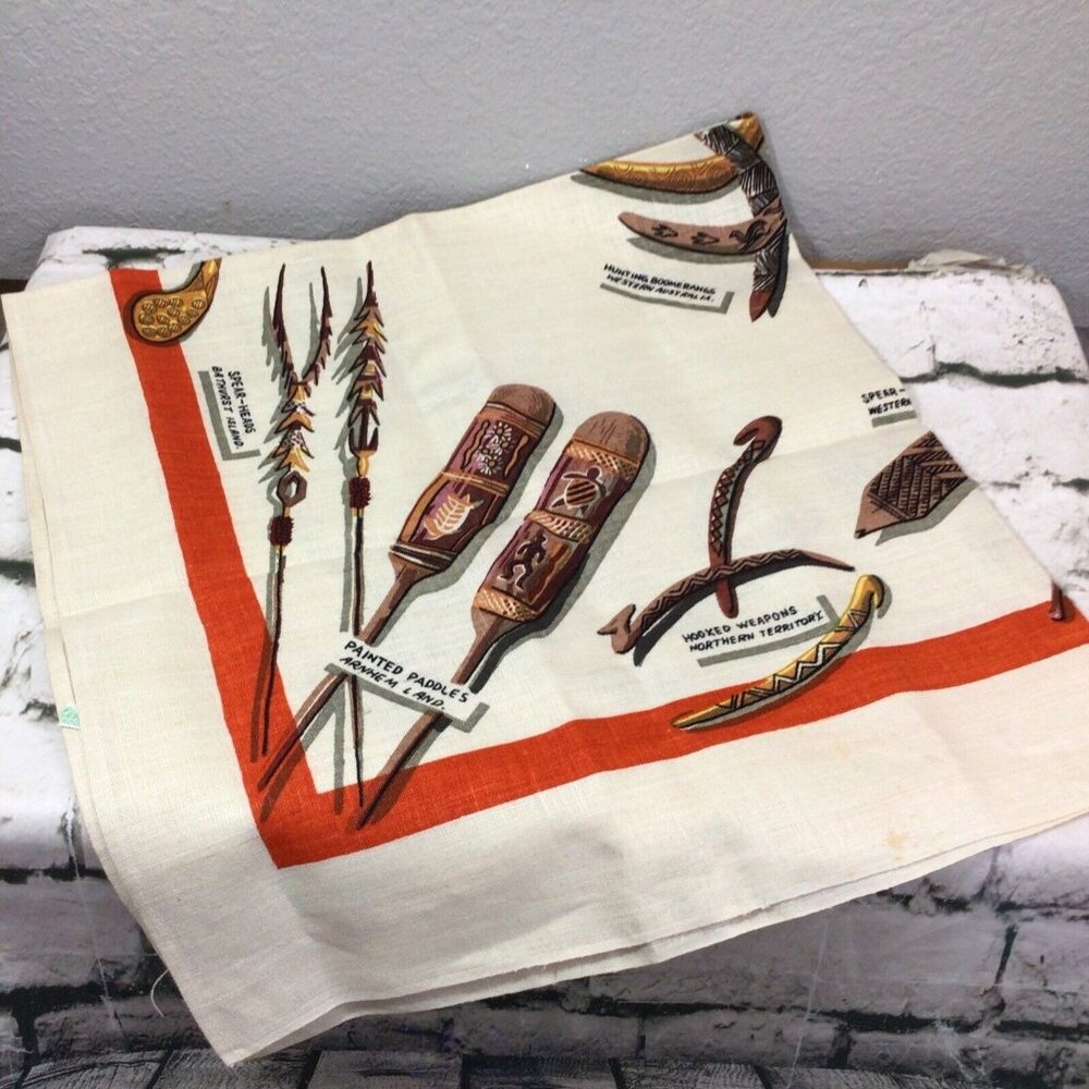 Vintage Aboriginal Motif Linen Handkerchief Wallhanging by Heil Australia 35” Sq
